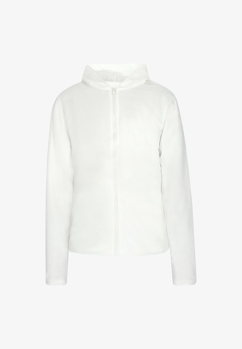 Felpa bianca con zip, dal texture morbido, maniche lunghe e cappuccio. Design semplice, senza fantasie o accenti. Adatta per un abbigliamento casual.