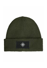 Olive green knit beanie with ribbed texture and a folded cuff. Features a black rectangular patch with a white compass design.