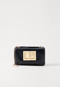 Black leather handbag with gold hardware. Rectangular shape, featuring a prominent square clasp on the front. Chain strap adds detail.