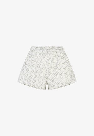Shorts en coton blanc avec un petit imprimé floral vert et violet et une taille élastique, disposés à plat sur fond blanc.