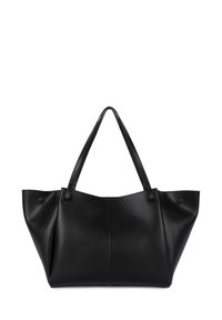 Sac fourre-tout en cuir noir avec double poignée, texture lisse, large ouverture, et un détail d'accent rond subtil sur un côté.