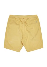 Pantalones cortos de pana amarillos con cintura elástica y un bolsillo trasero único con una etiqueta cosida, textura suave y corte relajado.