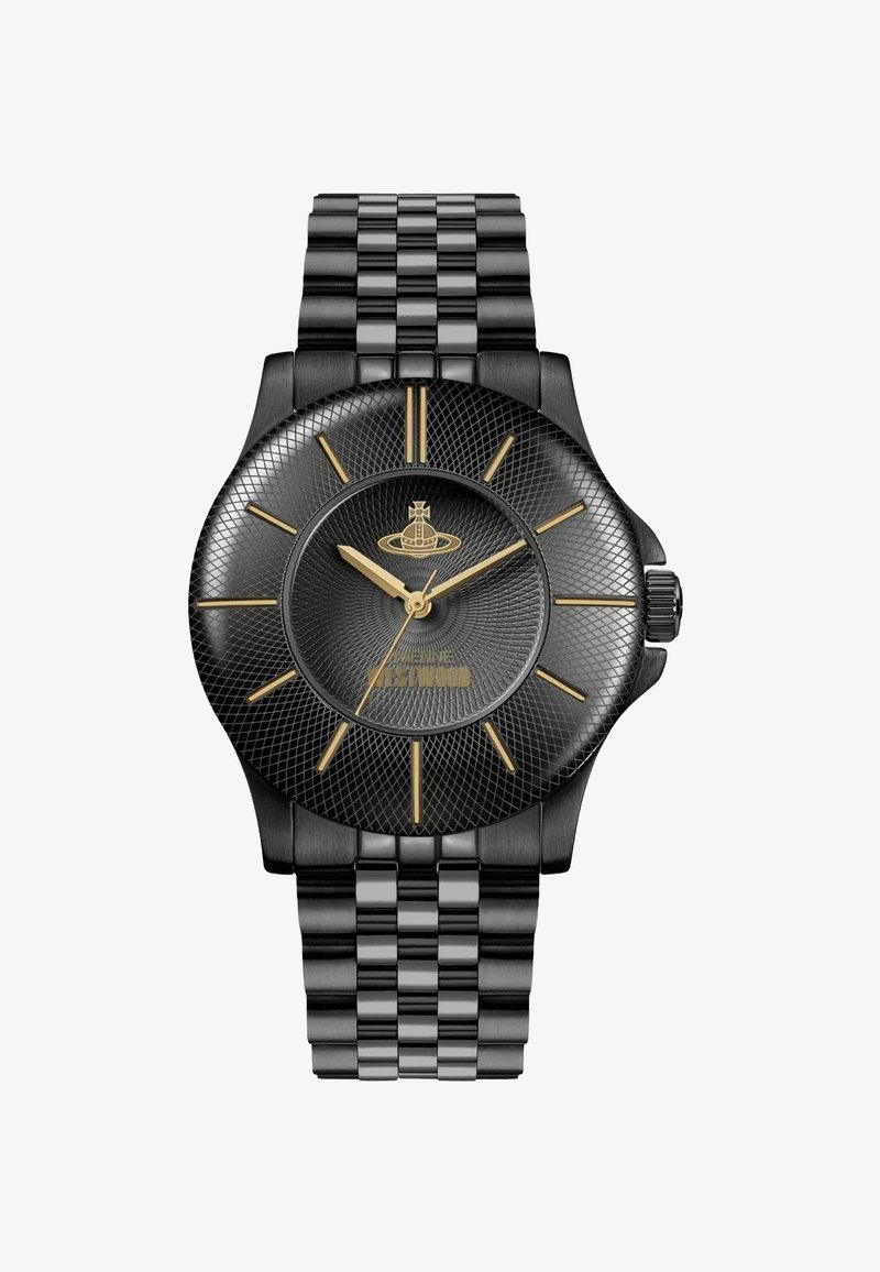 Montre en acier inoxydable noir avec un cadran noir texturé, des accents dorés et des marqueurs d'heure. Dispose d'un bracelet à maillons et d'une couronne proéminente.