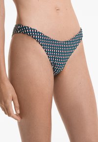 Tkanine kopalke spodnji del v temnih barvah z akcenti v turkizni in roza. Ima visok rez in teksturirano tkanino.