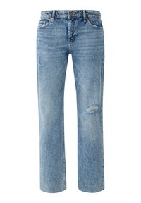 Jeans rectos desgastados de color azul con ligeros detalles desgastados en los muslos y rodillas, diseño clásico de cinco bolsillos y cierre de botón.