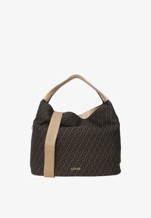Sac à main à motif marron et noir avec poignée et bandoulière beiges, logo doré "LIU·JO" sur le devant, forme structurée mais douce.