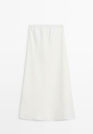 Gonna a trapezio bianca con fascia elastica in vita e tessuto liscio, lunghezza al ginocchio, mostrata su sfondo bianco semplice.