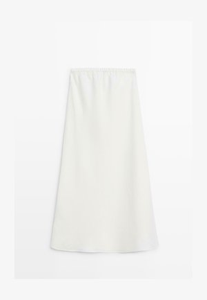 Gonna a trapezio bianca con fascia elastica in vita e tessuto liscio, lunghezza al ginocchio, mostrata su sfondo bianco semplice.