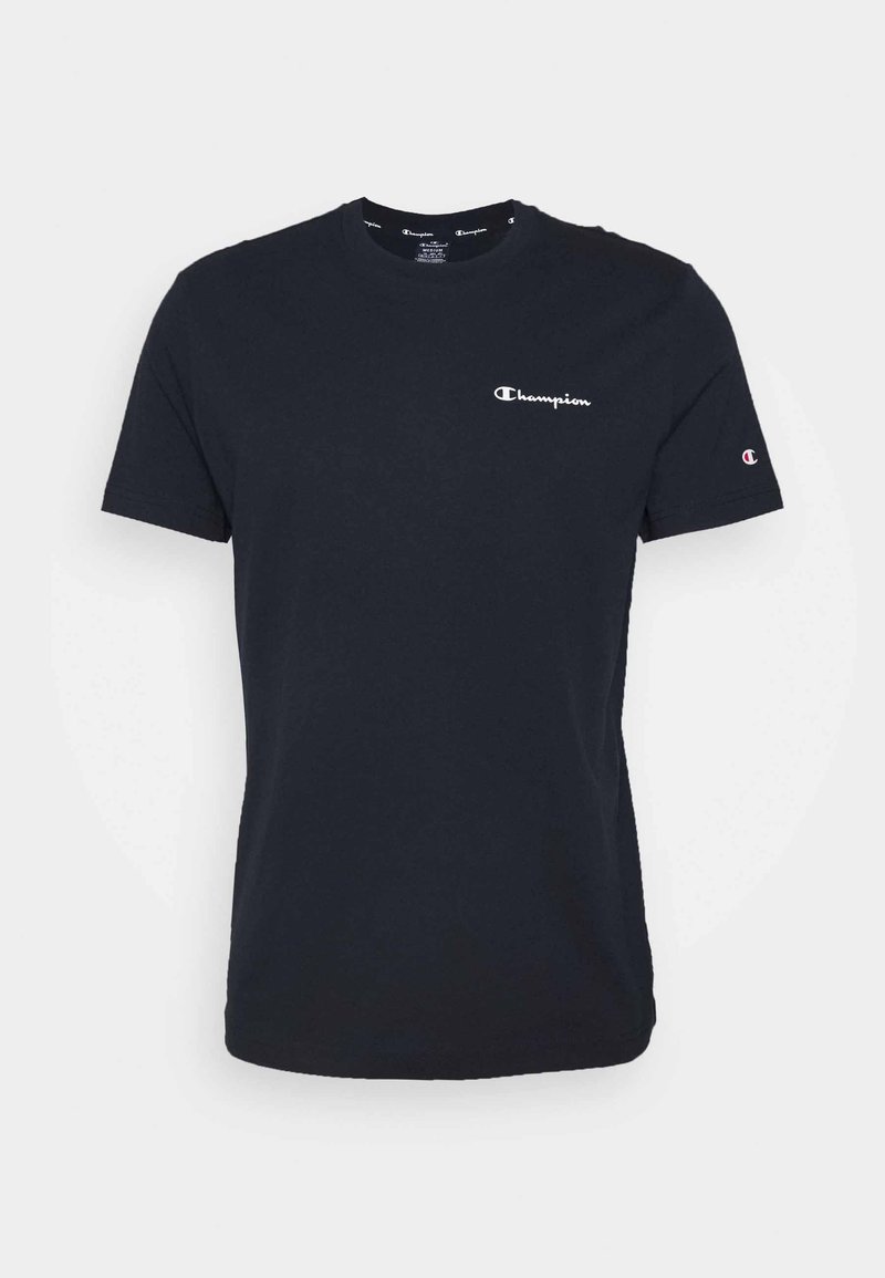 Black cotton t-shirt featuring a crew neck, short sleeves, and a white Champion logo on the chest and sleeve. Soft texture.