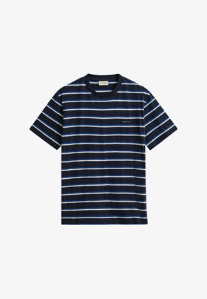 Navy blue T-shirt with horizontal white and light blue stripes, short sleeves, round neck, and small "GANT" logo on the left chest.