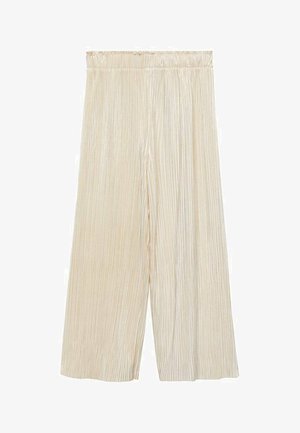 Pants made of lightweight, pleated fabric in a light beige color, featuring a wide-leg design and an elastic waistband for comfort.
