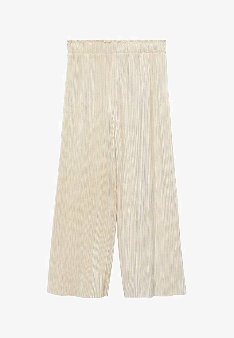 Hosen aus leichtem, plissiertem Stoff in einem hellen Beigeton, mit weitem Bein und elastischem Bund für zusätzlichen Komfort.