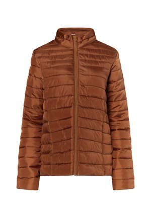Jachetă puffer de culoare maro, cu design quilted orizontal, fermoar frontal complet, guler în picioare și textură netedă, lucioasă.