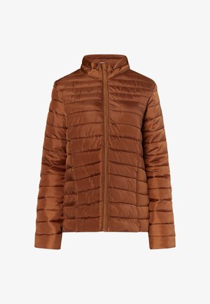 Ruskea takki, jossa on vaakasuora tikkaus, täysi etuvetoketju, pystykaulus ja sileä, kiiltävä pinta.