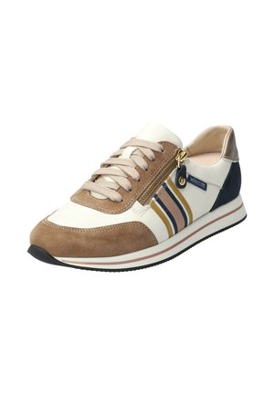Baskets en cuir beige mélangé avec du daim marron. Accentué de détails en bleu marine et à rayures. Fermeture classiques avec lacets et détail zip.