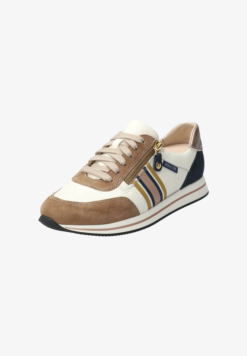 Baskets en cuir beige mélangé avec du daim marron. Accentué de détails en bleu marine et à rayures. Fermeture classiques avec lacets et détail zip.