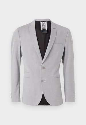 Hellgrauer Blazer aus strukturiertem Stoff, mit einem einreihigen Design, zwei Knöpfen und einem schwarzen Innenfutter.