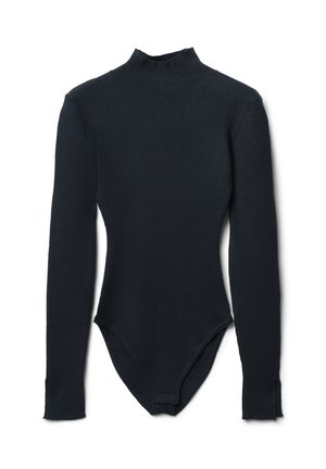 Body a maniche lunghe con collo alto di un blu scuro. Tessuto a coste, design aderente, con chiusure sul fondo e spacchi laterali ai polsini.