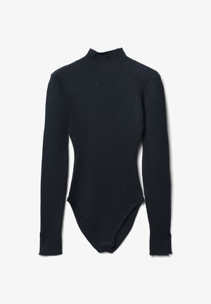 Body a maniche lunghe con collo alto di un blu scuro. Tessuto a coste, design aderente, con chiusure sul fondo e spacchi laterali ai polsini.