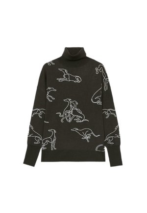 Donkergroene coltrui van gebreide stof, versierd met witte geborduurde ontwerpen van een greyhound. Zachte textuur en een casual pasvorm.