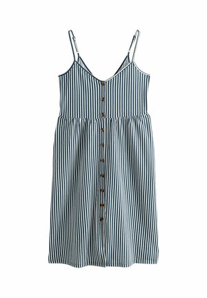 Blau-weiß gestreift Kleid mit dünnen Trägern, V-Ausschnitt und Knopfleiste vorne. Hergestellt aus leichtem Stoff mit strukturierter Oberfläche.