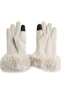 Faux pälsvantar i krämfärgat med svarta fingertoppar. Mjuk tyg med en texturerad, fluffig manschett. Femfingersdesign för smidighet och värme.