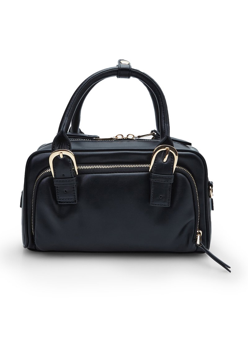Sac à main en cuir noir avec des poignées supérieures, quincaillerie dorée, fermeture à double zip et poches latérales. Texture lisse avec une forme rectangulaire.