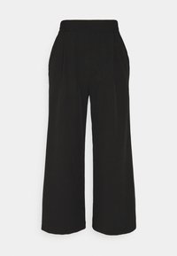 Black wide-leg trousers with a flat waistband, featuring pleats at the front and side pockets, made from a smooth fabric.