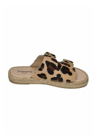 Leopard print slide sandal with two straps and gold hardware, featuring a natural jute sole and a textured upper for a casual look.