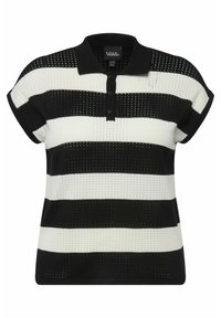 Polo a righe bianche e nere con maniche corte, dotato di una pattina con bottoni e di un motivo a maglia testurizzato.