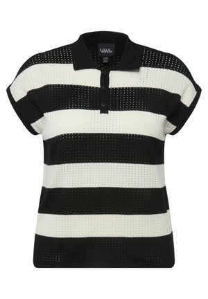 Pruhovaná polo tričko černobílé barvy s krátkými rukávy, se zapínáním na knoflíky a strukturovaným pleteným vzorem.