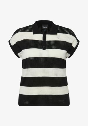 Sort-hvid stribet polo t-shirt med korte ærmer, der har en knaplukning og et struktureret strikmønster.