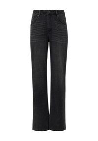 Jeans in denim nero a gamba larga con un classico design a cinque tasche, dotati di chiusura a bottone e leggere dettagli strappati nella parte anteriore.