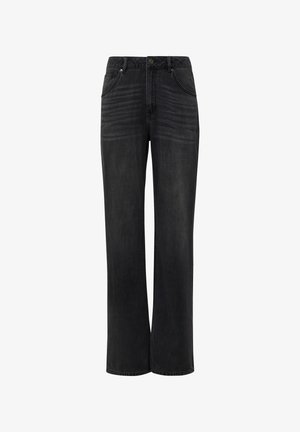 Schwarzweite Jeans mit weit geschnittenem Bein aus Denim, klassischem Fünf-Taschen-Design, mit Knopfverschluss und dezenten, lädierten Details auf der Vorderseite.