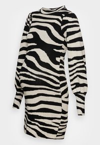 Neulemekko, jossa on pitkät puffihihat, musta-beige seepraraidallinen kuvio. Pyöreä pääntie ja muotoiltu siluetti.