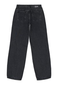 Black denim jeans, wide-leg design, mid-rise waist, five pockets, and contrasting stitching details. Back view with brand label on waistband.