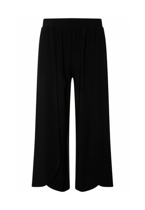 Pantaloni neri tagliati con vita elastica, con un design a gamba larga e svasata e orlo curvo per una vestibilità rilassata. Tessuto morbido.