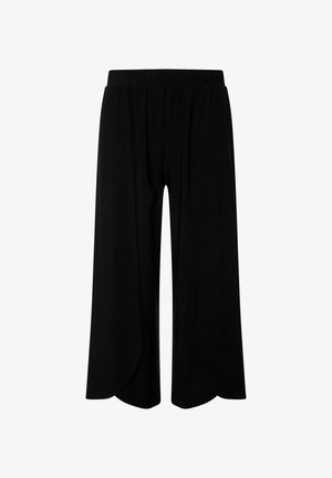 Černé zkrácené kalhoty s elastickým pasem, které mají široký, rozšířený střih nohavic a zakřivený lem pro uvolněný fit. Měkká textilní struktura.