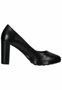 Zwarte high-heeled pump van soepel leer, met een ronde teen en een chunky hak met een gestructureerde zool voor grip.