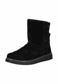 Botín de gamuza negro hasta la mitad de la pantorrilla con suela de goma plana y costuras visibles, diseñado para uso casual en clima frío.
