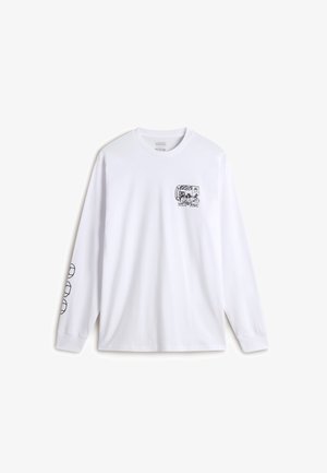 Camiseta de algodón blanca de manga larga con un diseño gráfico negro en el pecho y acentos estampados en las mangas.