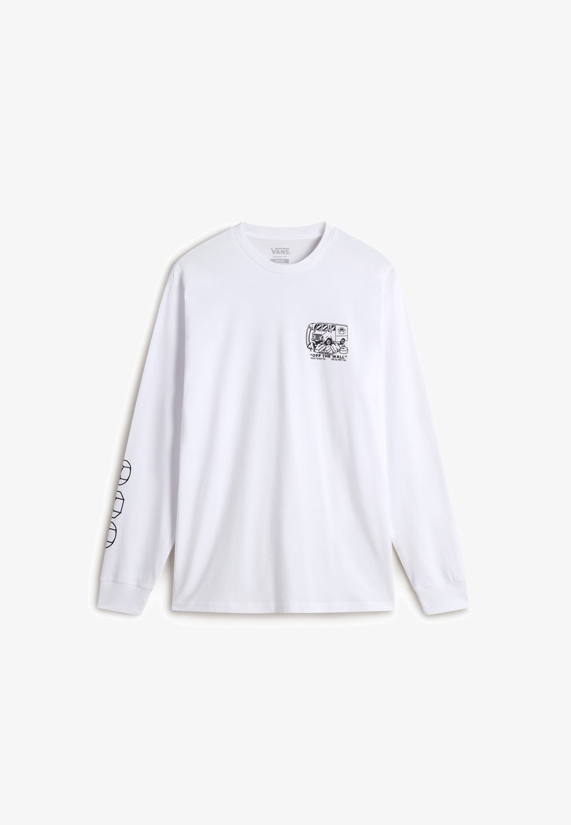 Long-sleeve white cotton T-shirt featuring a black graphic design on the chest and patterned accents on the sleeves.