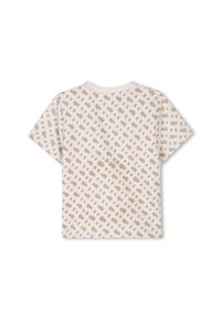 T-shirt de couleur claire avec un motif géométrique en beige, à manches courtes et col rond. Texture douce, matériau en coton.