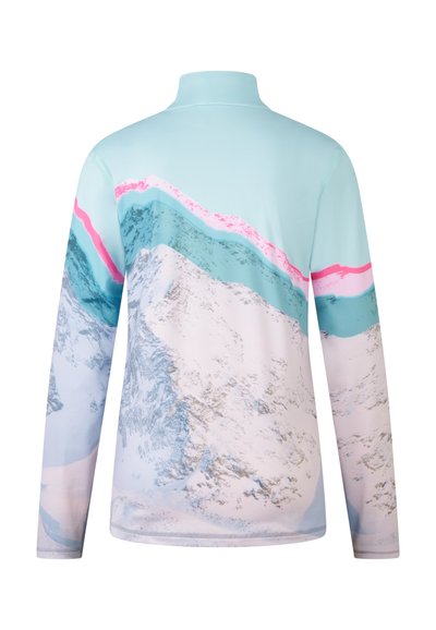 Long-sleeve shirt in light blue with a mountain and wave print. Features a stand-up collar and smooth, stretchy fabric.