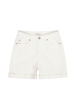 Witte denim short met opgerolde zomen, knoopsluiting aan de voorkant, riemlussen, twee voorzakken en een klein muntenzakje aan de rechterkant.