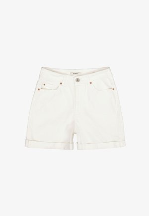 Witte denim short met opgerolde zomen, knoopsluiting aan de voorkant, riemlussen, twee voorzakken en een klein muntenzakje aan de rechterkant.