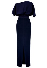 Granatowa sukienka o asymetrycznym rękawie, z krótkimi rękawami, dopasowaną talią oraz długą spódnicą z rozcięciem z tyłu i detalami w postaci guzików.