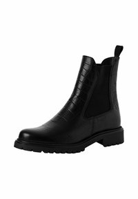 Musta Chelsea-tyyliset saappaat, jotka on valmistettu krokotiilinkuosisesta nahasta. Saappaissa on joustavat sivupaneelit, vetotappi ja tukeva kumipohja.