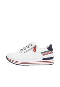 Weiße Leder-Sneaker mit Seitenreißverschluss und roten Akzenten, mit gestreiften Details an der Zwischensohle und einer Gummisohle für besseren Halt.