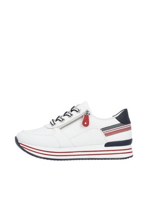White leather sneaker featuring a side zip and red accent, with striped detailing on the midsole and a rubber outsole for grip.